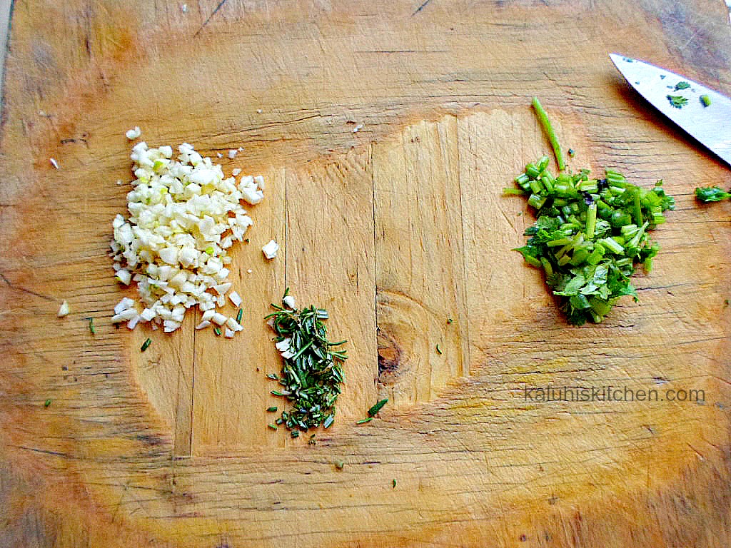 garlic, rosemary and coriander stalks finely chopped