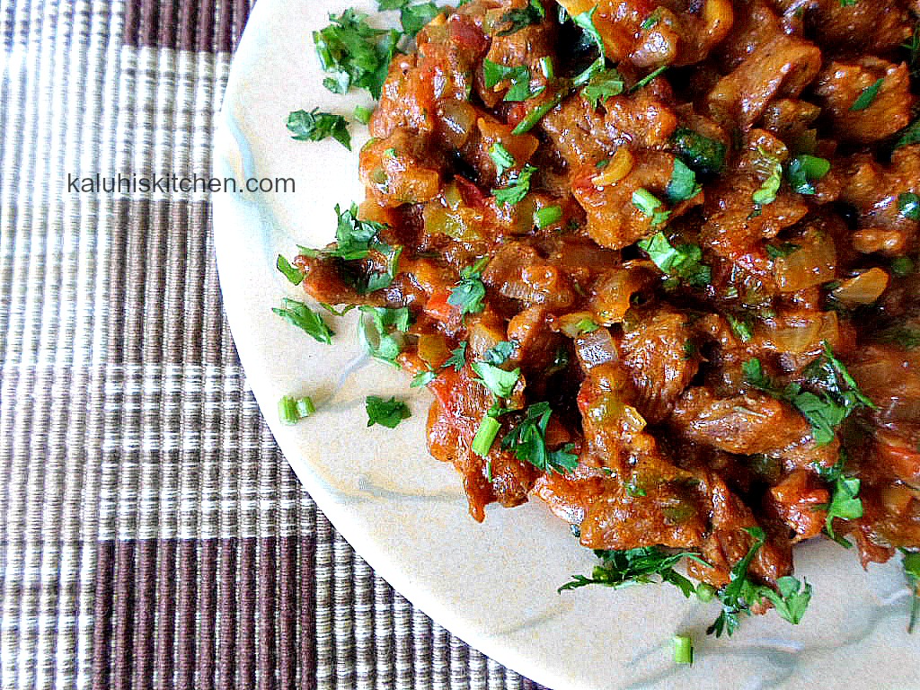 dry fry goat meat with garlic and thyme. Kenyan Food. African Food