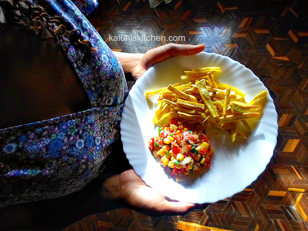 matokeplantain fries. with sweet corn salad. kaluhi_s kitchen. kenyan food bogger
