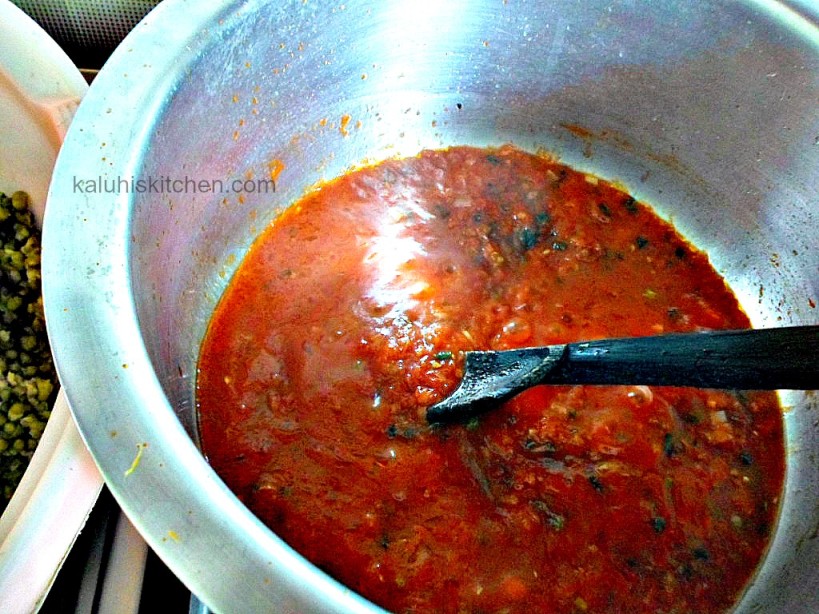 slowly simmered tomato base sauce together with the tomato paste makes the sauce thick and with a deeper color for the ndengu