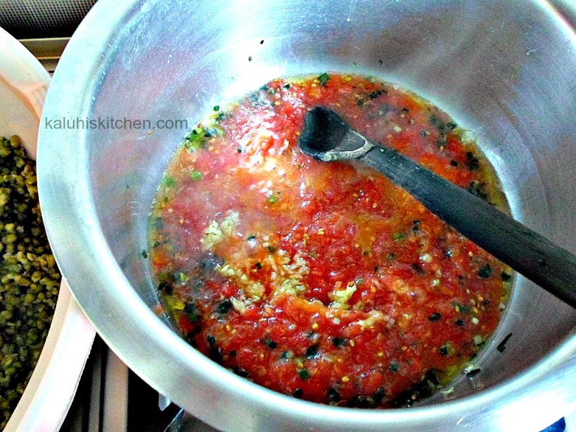 spring onion, cumin seeds, minced garlic and grated tomatoes form the base sauce for the ndengu stew