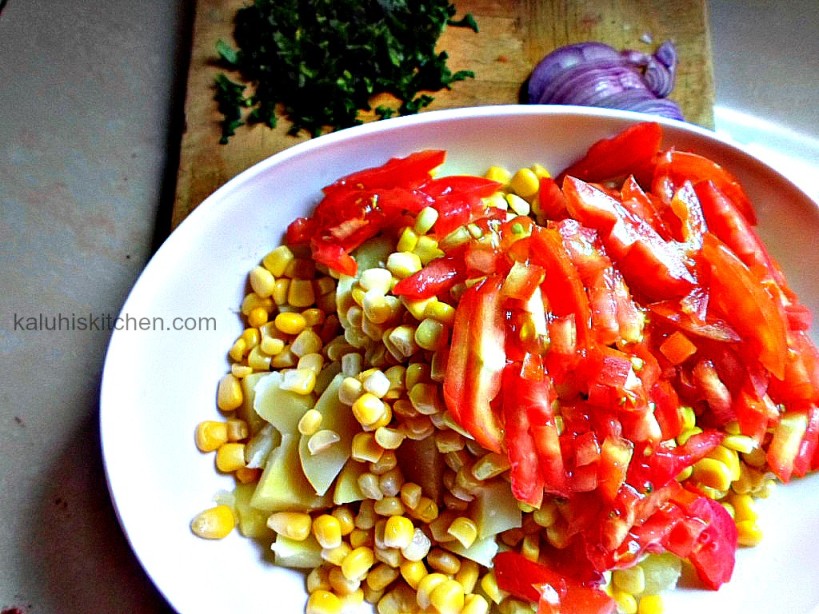 adding tomatoes in a potato salad adds alot of freshness to the dish and the sweetcorn balances out the sour vinegar