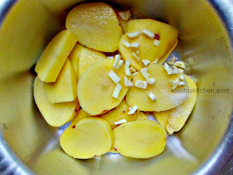 boiling potatoes before making potato salad tenderizes them and adding garlic adds more flavor