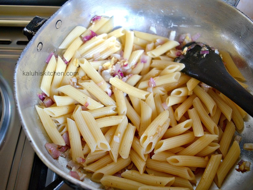 the penne pasta should be lmost cooked as they will finish cooking in the garlic stir fry_kaluhiskitchen.com_however any other type of pasta can be used for this dish