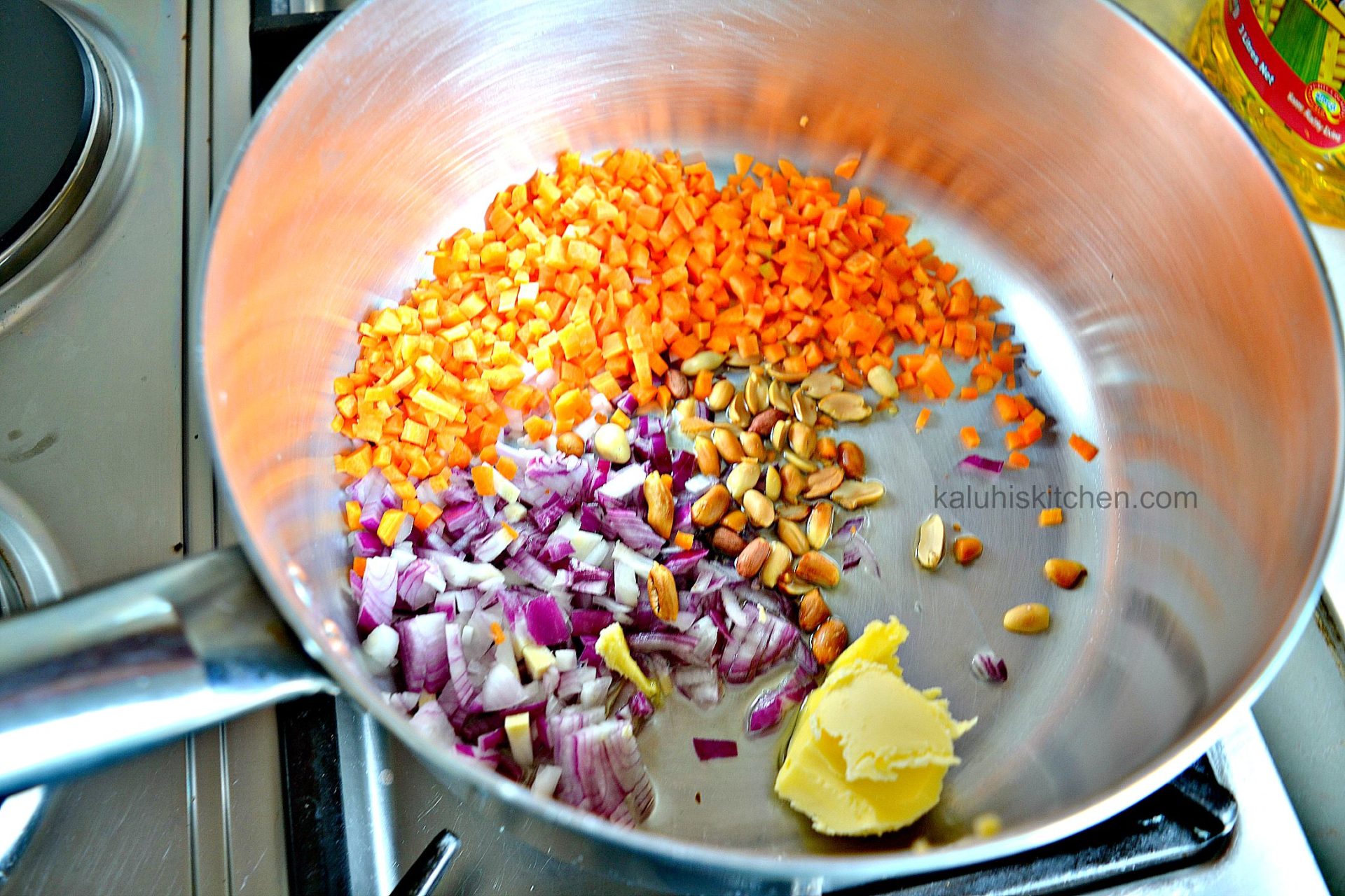 sauteeing the carrots , onions and peanuts not only softens them but greatly develops their flavor_kaluhiskitchen.com