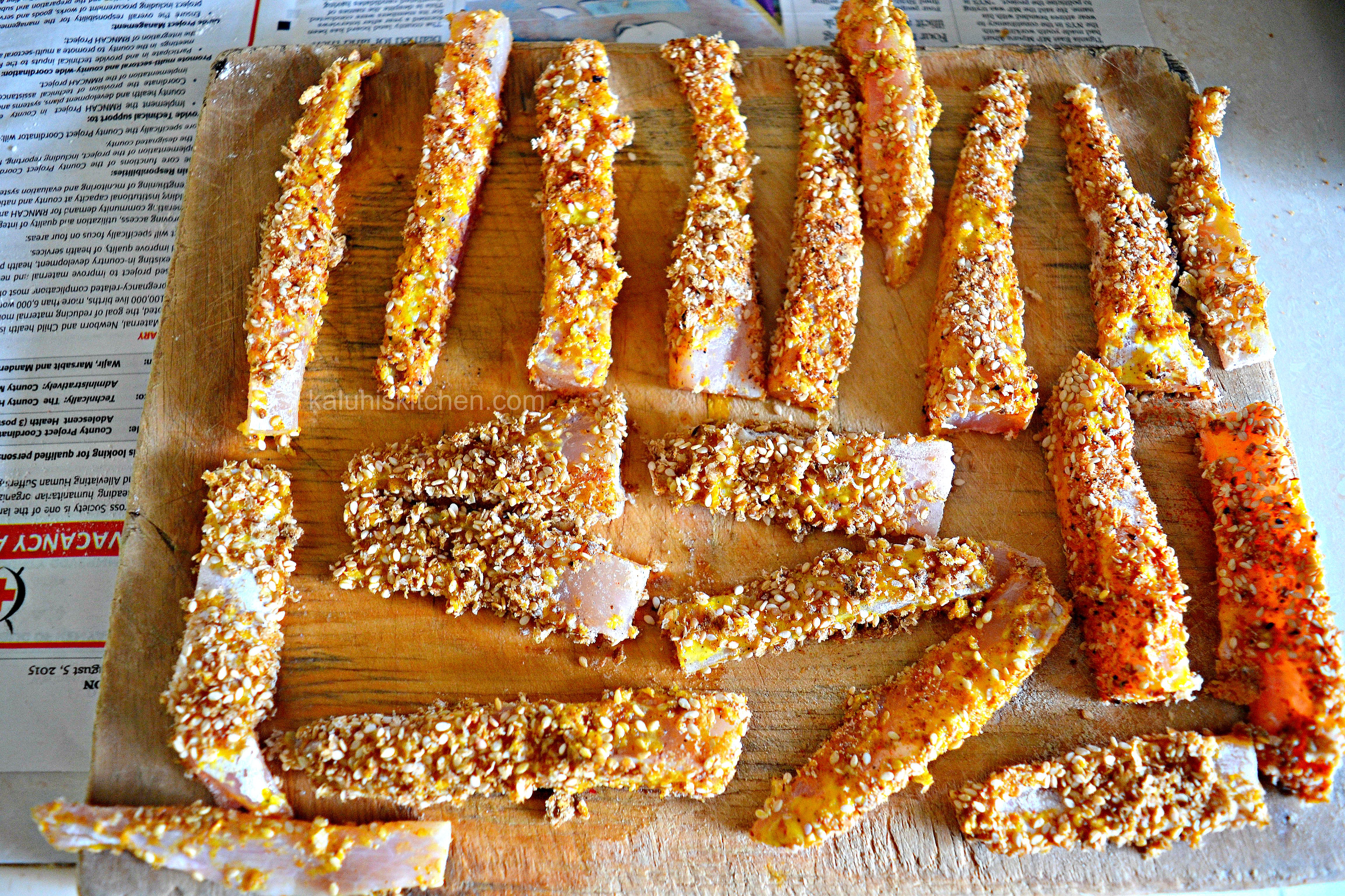 how to coat fish for fish fingers_kaluhiskitchen.com_fish fingers coated in crumbs and sesame seeds]