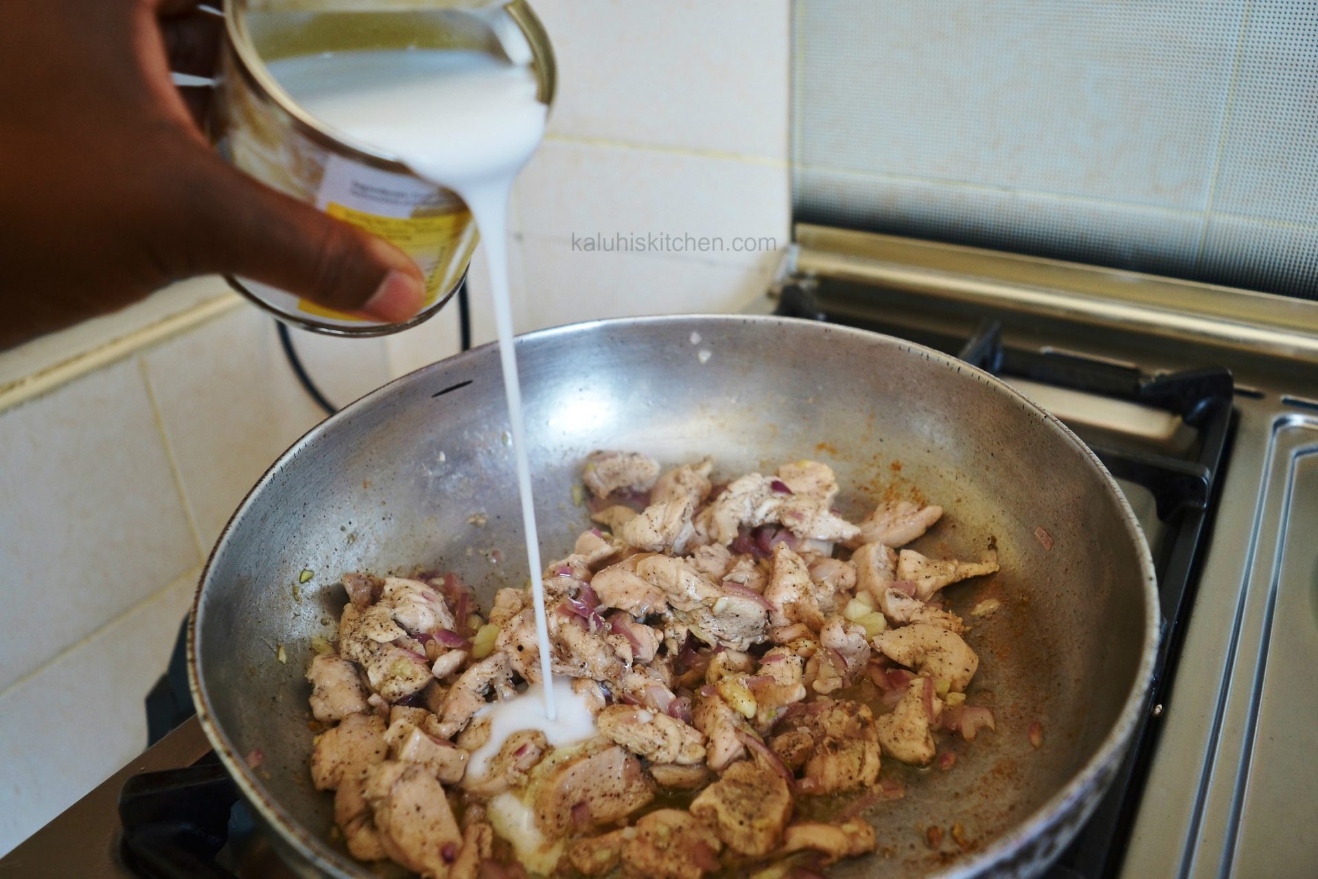 the chicken always finishes cooking in the coconut cream so allow it not to cook all the way through while frying_kaluhiskitchen.com