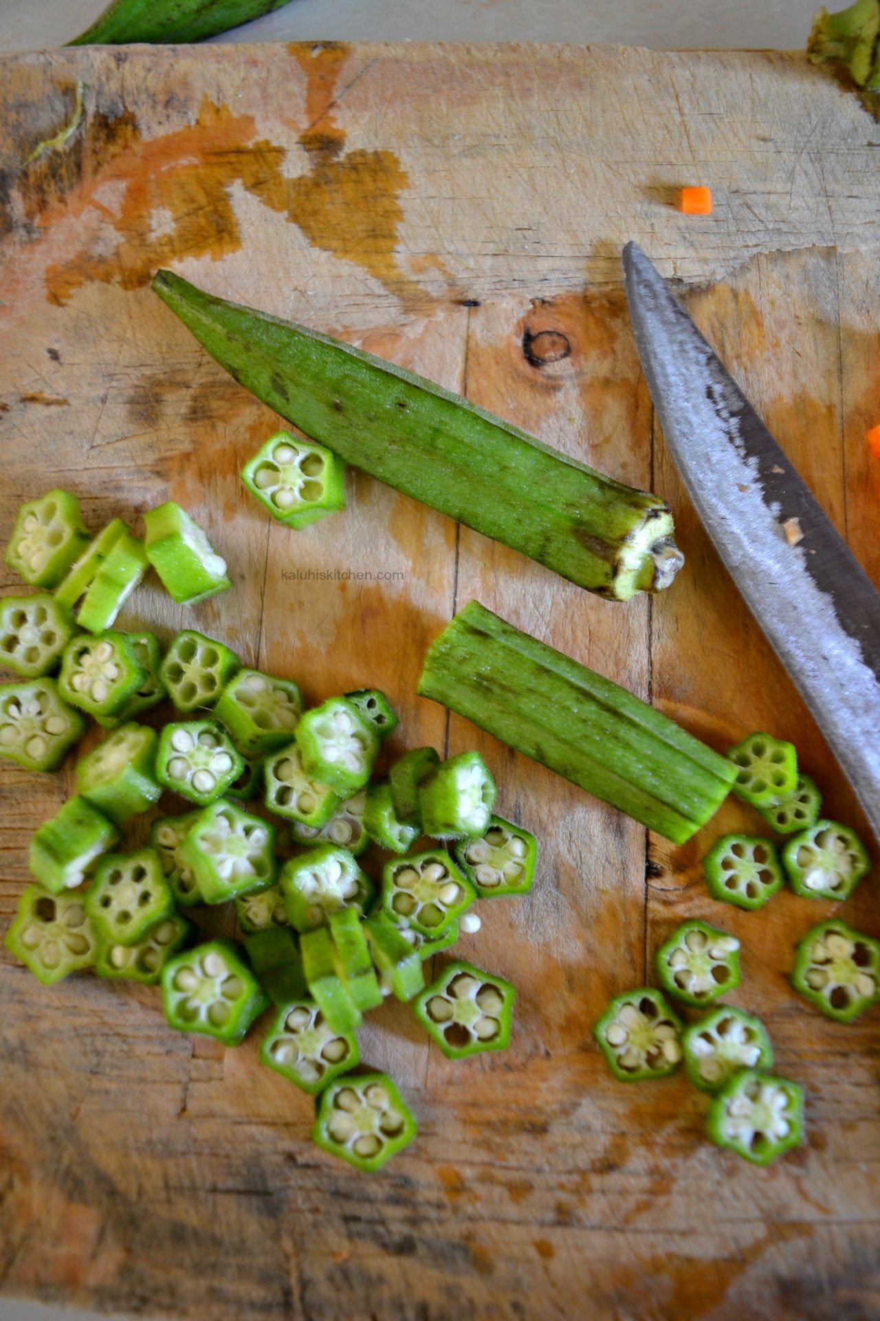 slice your okra really thinly so that it cooks faster and does not overwhelm while eating_kaluhiskitchen.com