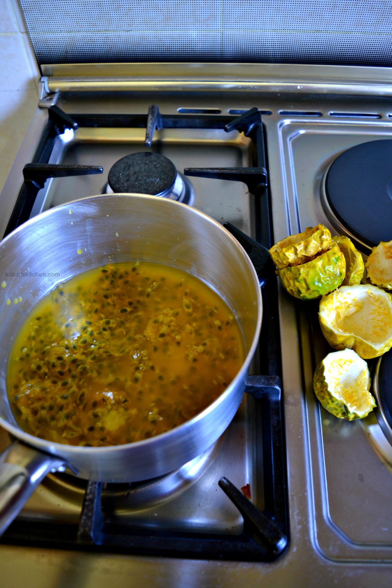 how to make passion fruit syrup at home_ all you need is sugar and passion fruit pulp to stay on heat for several minutes then remove from heat_kaluhiskitchen.com