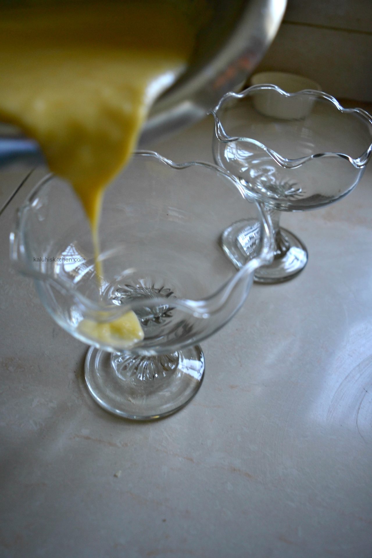 pour your green mango posset mixture into a glass when it has slightly cooled down so that the glass does not crack_how to make a posset_kaluhiskitchen.com