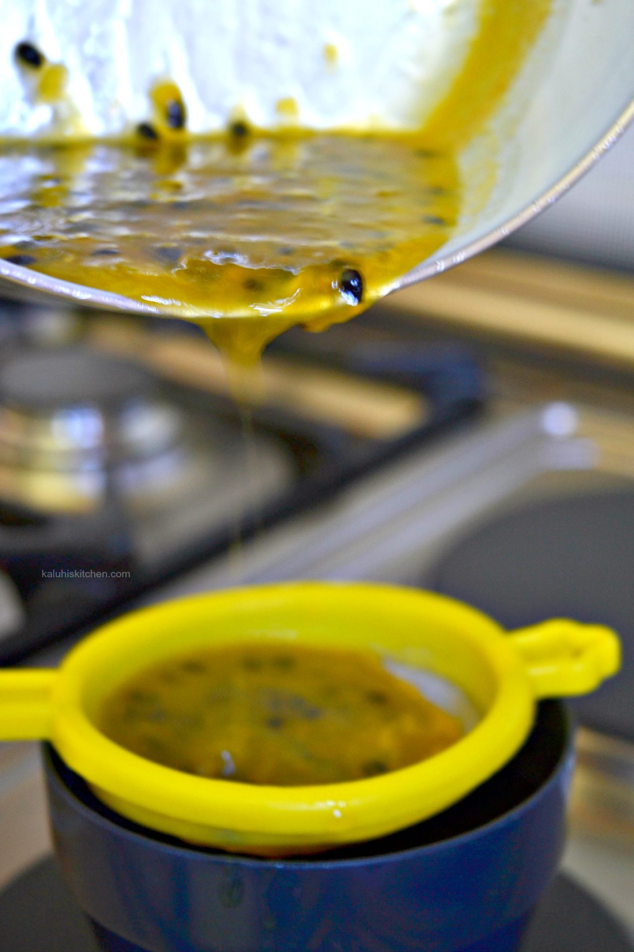 sieve your passion fruitsyrup and allow it to cool down to room temparature before adding it to your salad_mango mint salad_kaluhiskitchen.com