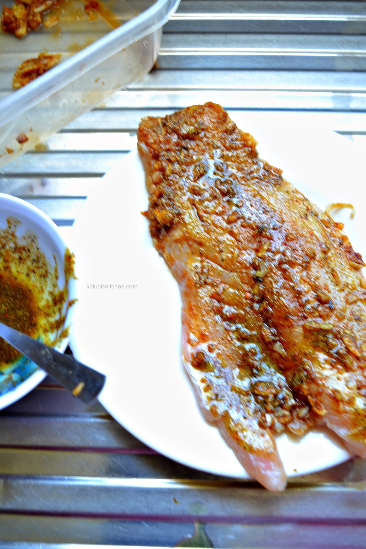 slather the fish masala spice blend all over your fish and proceed to fry it. The fish will cook in about 5-8 minutes depending on the thickness of your fish