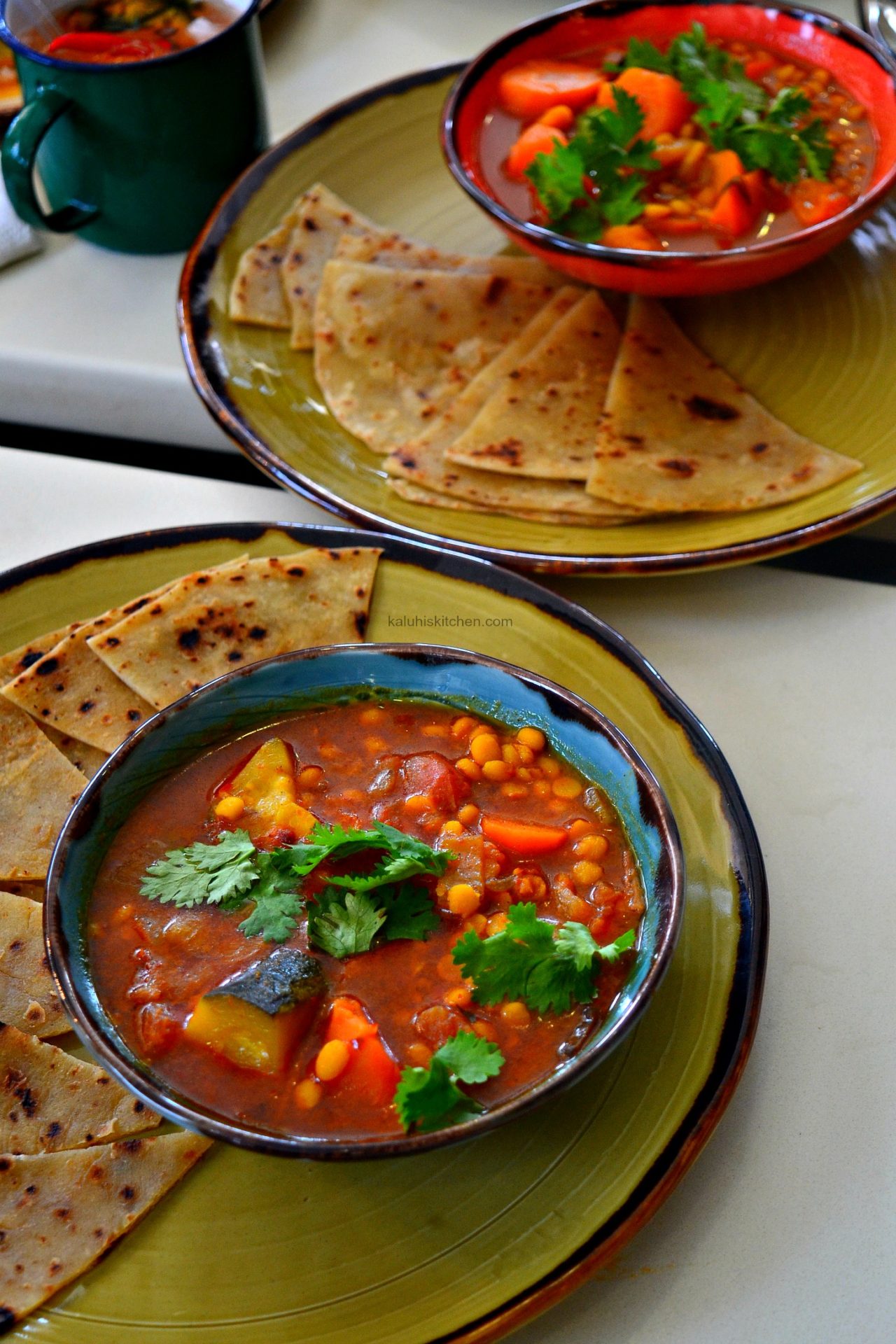 lentils in curry and potatoes served with chapati at nyamamama in nairobi yaya center