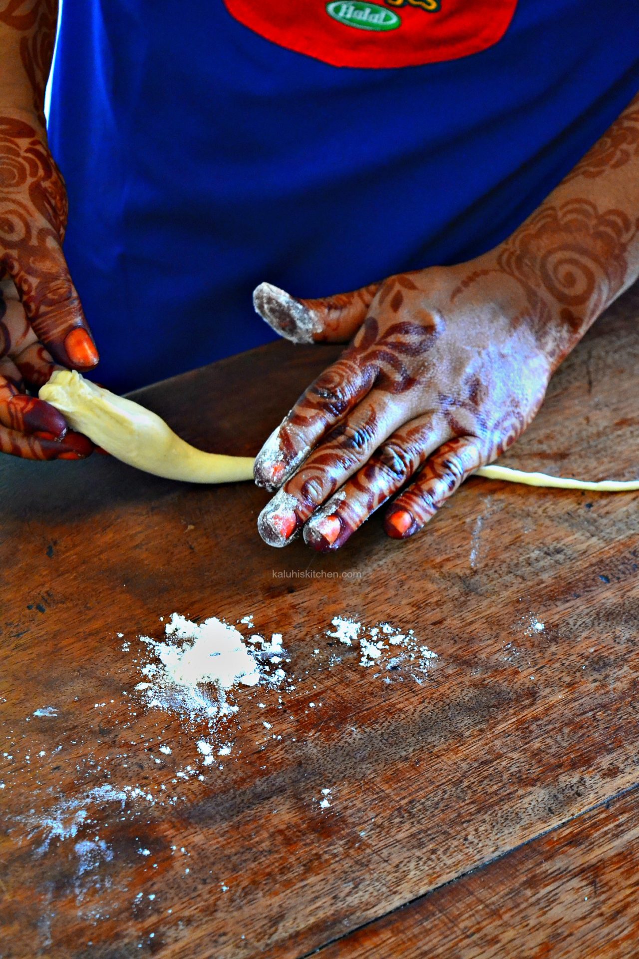 roll out the dough into thin strips and set them aside, these are the strips used to make mkate wa mkono