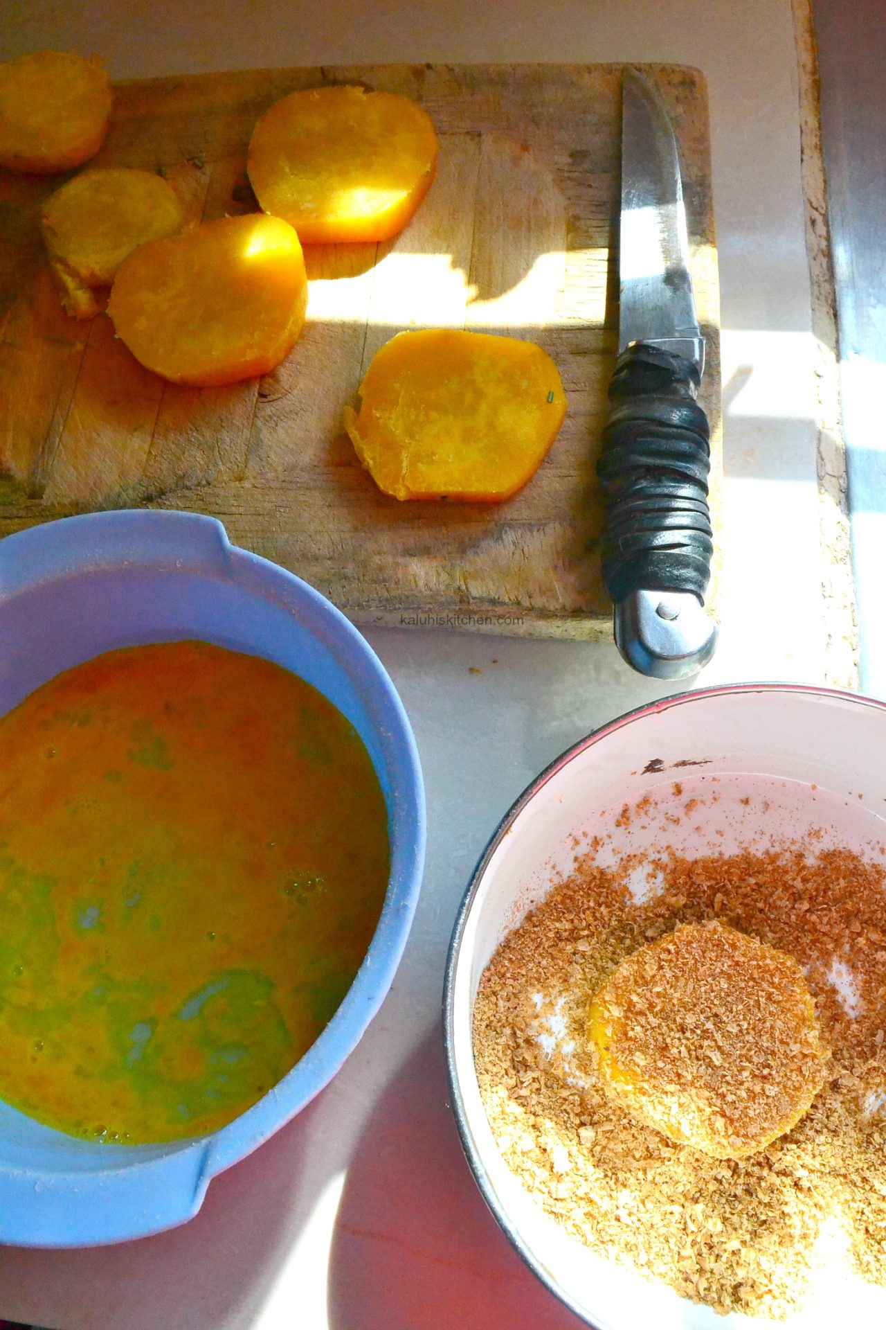 to coat your sweet potatoes, dip them in the egg, then dredge them in the weetabix crumbs then set aside. The egg acts as glue_kaluhiskitchen.com