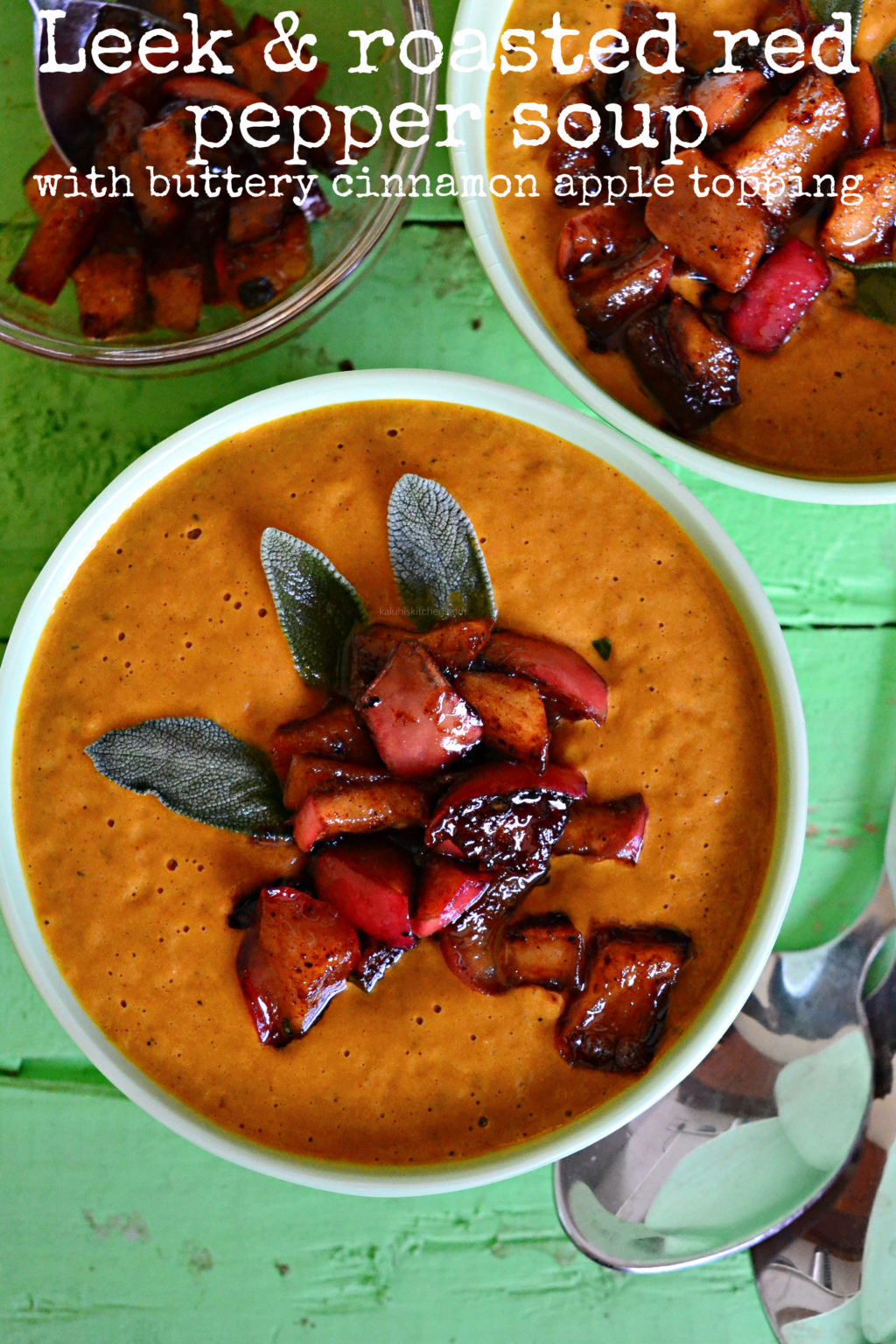Leek & Roasted Red Pepper Soup with Buttery Cinnamon Apple Topping